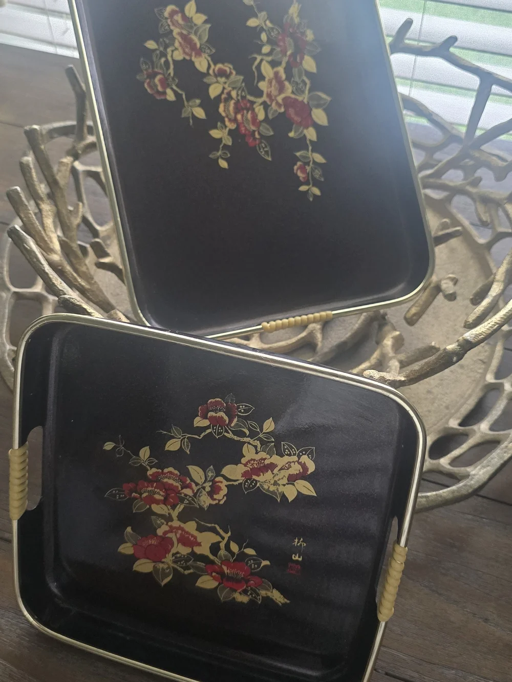 Japanese Brown Lacquerware Floral Nesting Trays